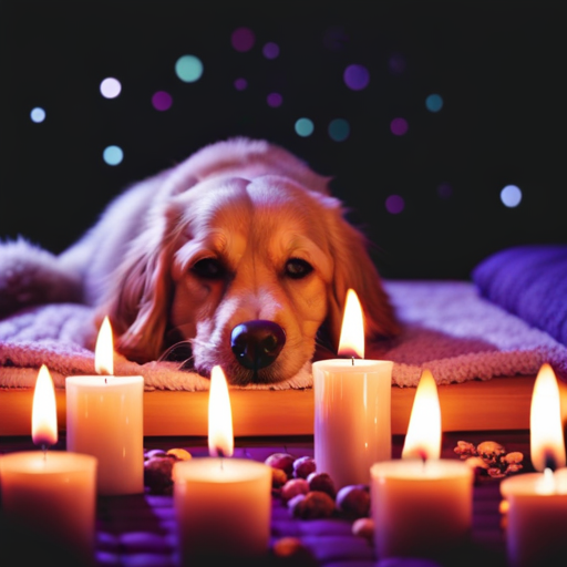 An image featuring a serene dog surrounded by soft, dimly lit candles