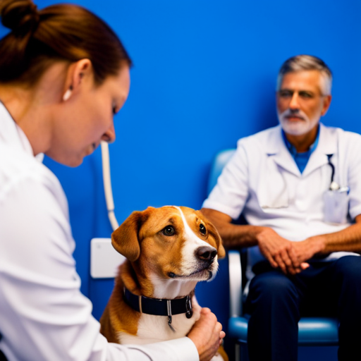 An image of a concerned owner and their dog, sitting in a veterinarian's waiting room, surrounded by calming blue walls