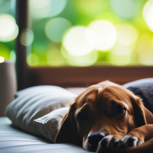 An image that depicts a serene environment, with a dog peacefully resting on a comfortable bed, surrounded by calming elements like soft lighting, soothing music, and aromatherapy diffusers