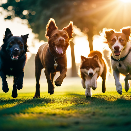 An image capturing a group of dogs frolicking together in a spacious park, wagging their tails and joyfully chasing one another