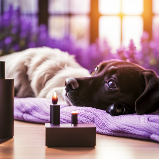 An image showcasing a serene dog reclining on a plush bed in a sunlit room, surrounded by soothing lavender aromatherapy diffusers, a calming classical melody playing softly in the background