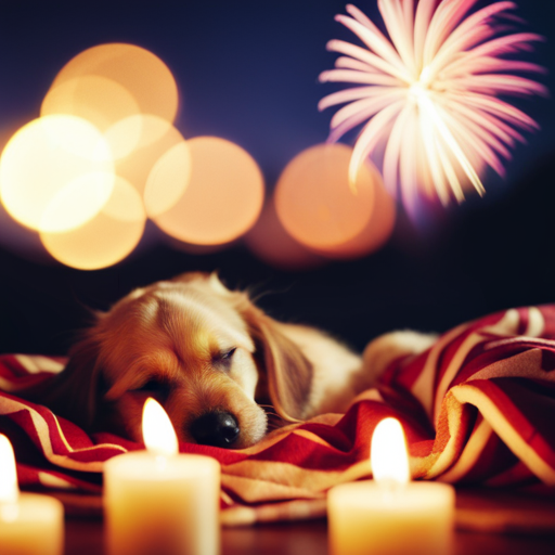 An image that captures the tranquility of a dog curled up on a cozy blanket, surrounded by soft flickering candlelight, while calming classical music plays in the background, providing solace during fireworks