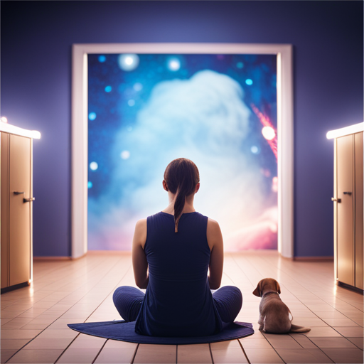 An image showcasing a serene therapy room with a qualified professional sitting beside a calm dog, their gentle touch providing reassurance amidst fireworks bursting outside