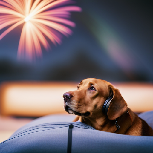 An image capturing a serene living room scene with a Labrador calmly resting on a cozy dog bed, headphones on, listening to classical music, while a muted fireworks display is reflected through the window