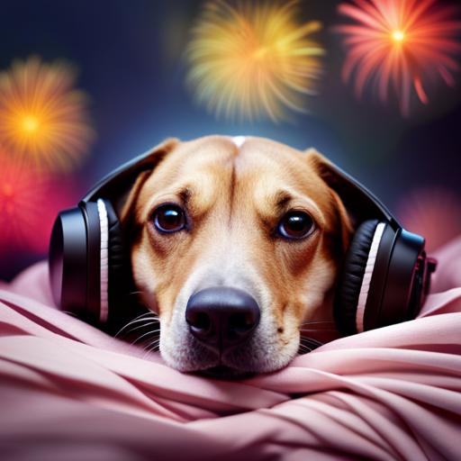 An image depicting a serene scene with a dog wearing noise-canceling headphones, nestled on a cozy blanket