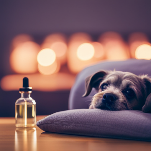 An image showcasing a serene, cozy living room with a contented dog resting on a plush bed, surrounded by diffusers emitting fragrant wisps of lavender and chamomile essential oils