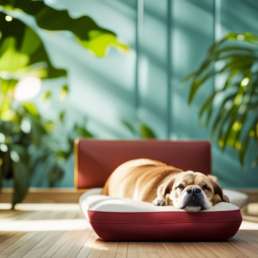 An image featuring a serene, sunlit living room with a cozy dog bed, surrounded by lush plants