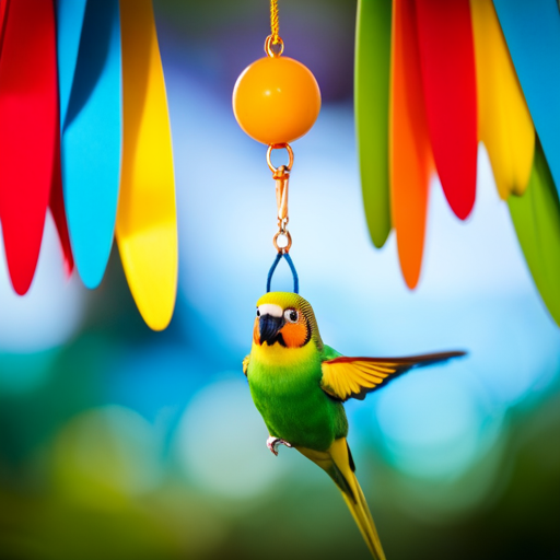 An image that showcases a vibrant parakeet playfully swinging from the Super Bird Creations SB747 Mini Flying Trapeze Bird Toy, surrounded by colorful feathers and a backdrop of a cheerful bird-themed environment
