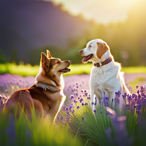 An image showcasing a serene scene with a content canine surrounded by lavender and chamomile plants, emphasizing the safe essential oils for dogs