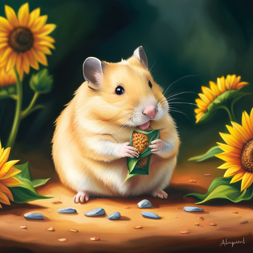 An image that showcases a cozy hamster habitat, with a wheel spinning in the background, as a curious hamster nibbles on a sunflower seed, highlighting their natural instinct for exploration and adorable eating habits