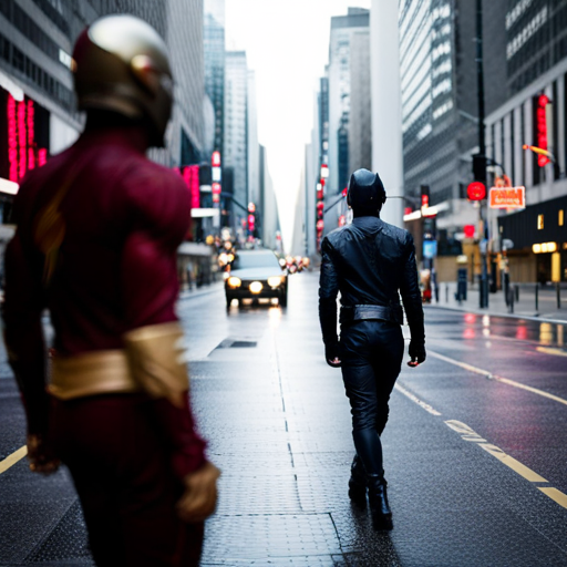 An image that showcases the iconic Flash, his lightning-speed blur leaving a trail, as he confronts the formidable Dark Archer amidst the desolate, rain-soaked streets of Starling City, their contrasting colors of red and black mirroring the clash of good and evil