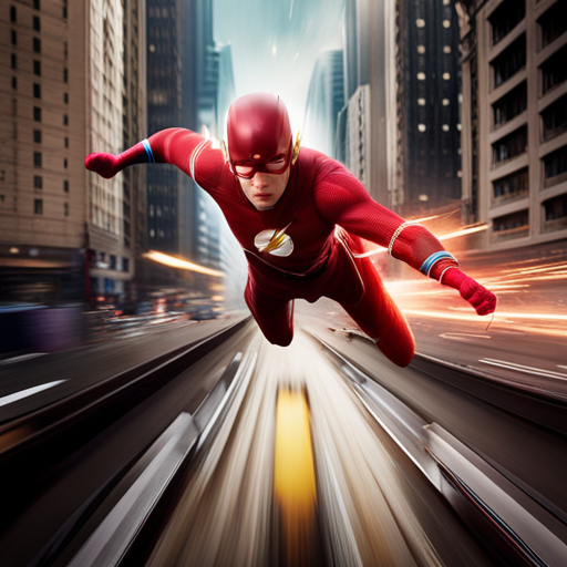 An image showcasing Flash's awe-inspiring display of superhuman speed as he effortlessly rescues civilians from a collapsing building in Starling City, leaving a trail of motion blur and shattered debris in his wake