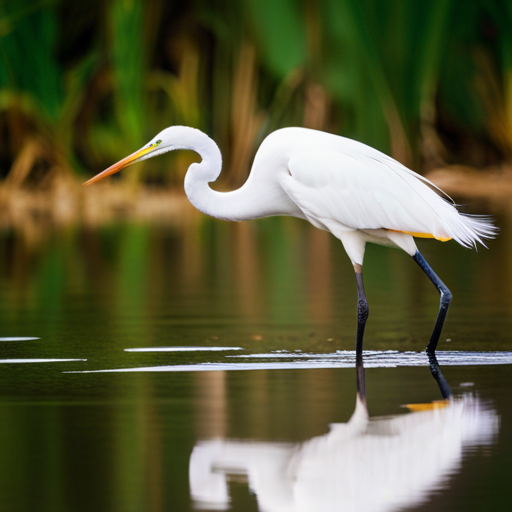 An image capturing the elegance of a Great Egret in action, poised on one leg, its brilliant white plumage reflecting in the tranquil wetlands, while it patiently stalks its prey with razor-sharp focus