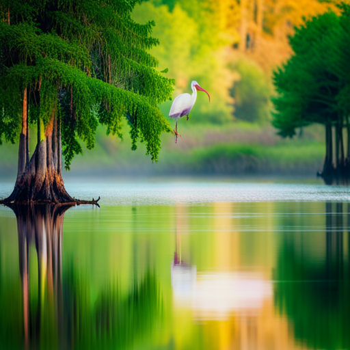 An image capturing the serene beauty of Florida's wetlands, featuring a solitary White Ibis gracefully perched on a cypress tree branch, surrounded by shimmering waters and lush green vegetation