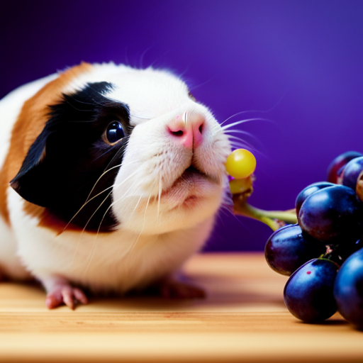 An image capturing a guinea pig's delight as it munches on juicy grapes, showcasing their vibrant colors and glossy texture