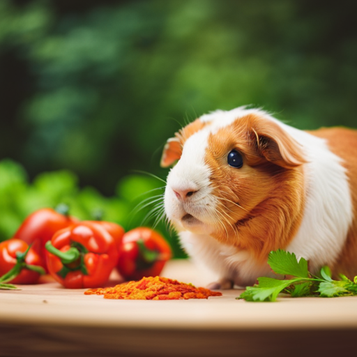 An image showcasing a vibrant assortment of guinea pig-friendly treats, such as crunchy carrot sticks, leafy parsley bunches, and juicy slices of red bell pepper