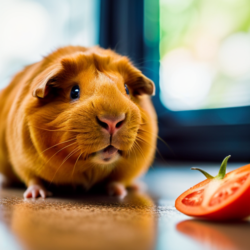 An image capturing a concerned guinea pig sitting next to a half-eaten tomato, with a worried expression, hunched posture, and a trail of droppings indicating digestive issues