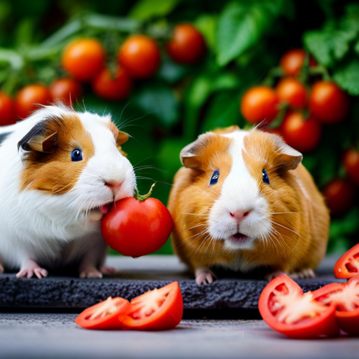 An image showcasing two guinea pigs happily nibbling on juicy red tomatoes, with a variety of tomato sizes and a small bowl nearby, indicating the appropriate serving size and frequency for guinea pigs