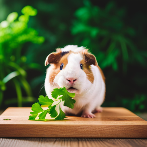 E of a vibrant green bunch of fresh parsley, neatly arranged on a wooden cutting board, with a cute guinea pig nibbling on a leaf, capturing the essence of the nutritional benefits of parsley for these adorable pets
