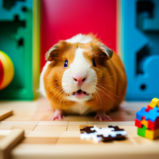 An image showcasing guinea pigs engaging with a variety of puzzle toys, such as a treat-dispensing maze, a hide-and-seek box, and a colorful puzzle ball, stimulating their minds and encouraging problem-solving skills