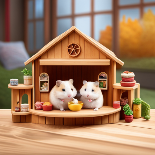 An image featuring a cozy hamster family in their miniature home, complete with a wheel, food bowls, and a tiny bed