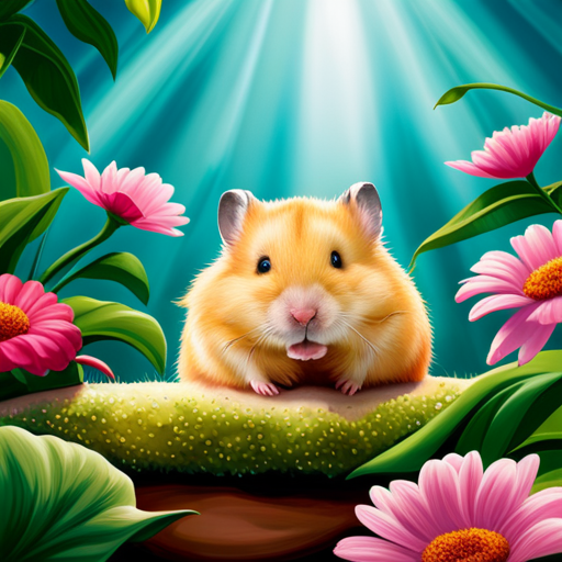 An image capturing the essence of hamster life expectancy: a cozy hamster habitat nestled in lush greenery, with a gentle sunbeam illuminating a wise, elderly hamster peacefully dozing in its cozy bed