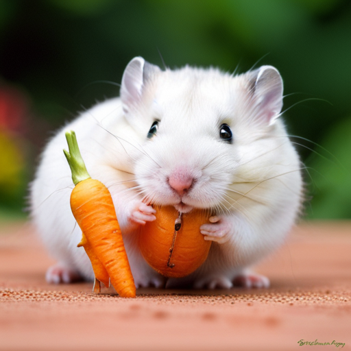 An image showcasing a fluffy, golden hamster with tiny paws adorably clutching a miniature carrot, as it curiously sniffs the air with its twitching nose, symbolizing the delightful essence and innate curiosity of hamster meaning