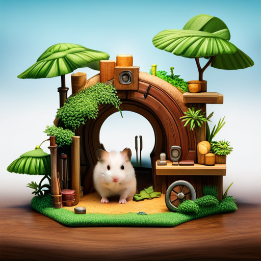 An image showcasing a hamster's natural habitat: a cozy burrow nestled amidst lush green foliage, with a small wheel for exercise, a pile of twigs for nesting, and a tiny water dispenser