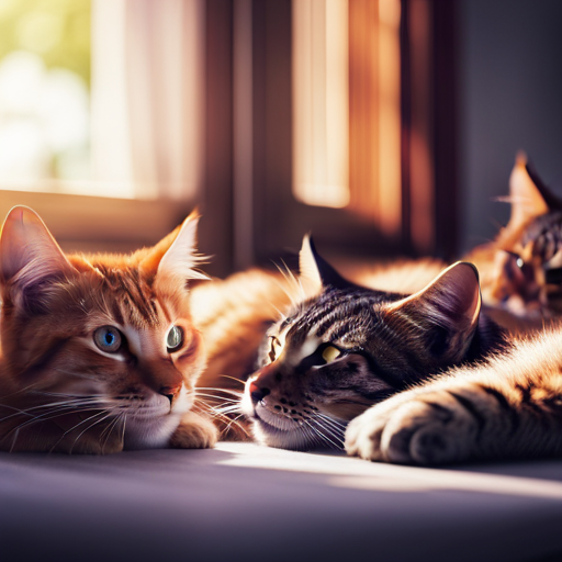 An image showcasing a diverse group of feline friends, gracefully lounging together in a sunlit room, their sleek fur and vibrant eyes accentuated by the playful shadows cast upon them