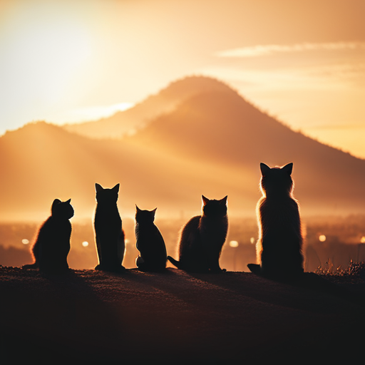 An image showcasing a vast, sprawling landscape filled with countless feline silhouettes, each in various positions and sizes, evoking a sense of wonder and intrigue about the sheer abundance of cats in the world