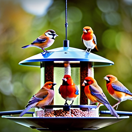 An image that captures the essence of humorous bird feeder memes, showcasing a flurry of birds joyfully flocking to an overflowing feeder, food scattered all around, with hilarious expressions and exaggerated poses