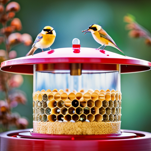 An image that captures the hilarious chaos of a bird feeder covered in bees: mischievous birds squawking and flapping around, while bees buzz in confusion, attempting to join the feast