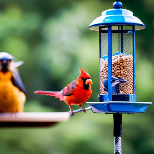 An image that captures the hilarious chaos at bird feeders, featuring angry-looking birds in various comical situations: a cardinal with a seed stuck to its beak, a blue jay squawking, and a squirrel stealing from the feeder