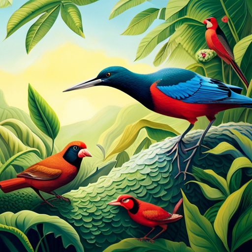 An image capturing the havoc caused by invasive bird species, depicting a lush forest overrun with aggressive birds, their sharp beaks destroying native plants while displacing local avian species