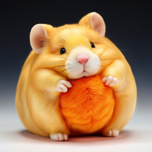 E a colossal hamster, its round body covered in soft, golden fur, dwarfing its tiny surroundings