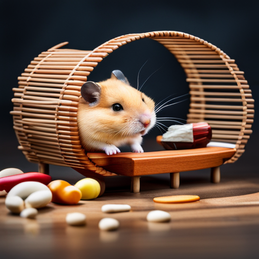 An image that captures the essence of a hamster's life expectancy, showcasing a serene and cozy hamster habitat with a wheel, chew toys, and a soft bed, all bathed in warm natural light