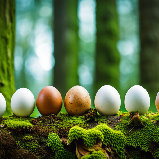 An image showcasing a delicate collection of diverse bird eggs, carefully arranged on a mossy, lichen-covered tree branch