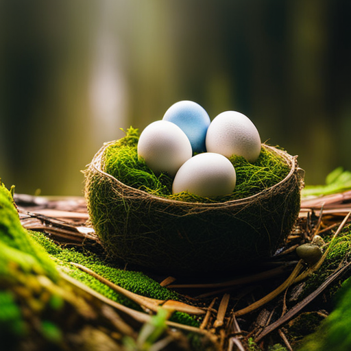 An image showcasing a diverse collection of bird eggs, carefully arranged on a mossy nest