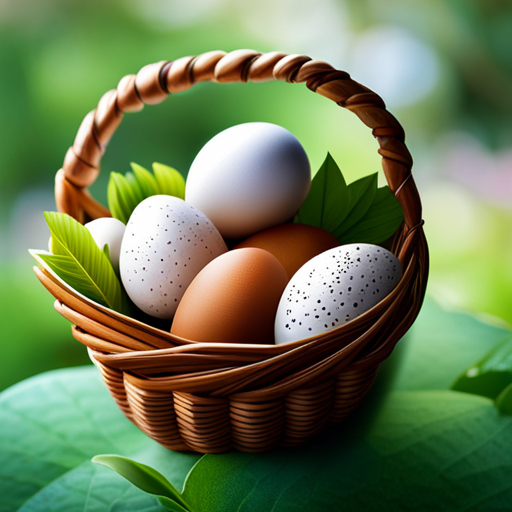 An image showcasing an array of bird eggs with distinct patterns, colors, and sizes, arranged neatly in a wicker basket against a backdrop of lush green foliage and delicate feathers, symbolizing the art of birding through egg identification