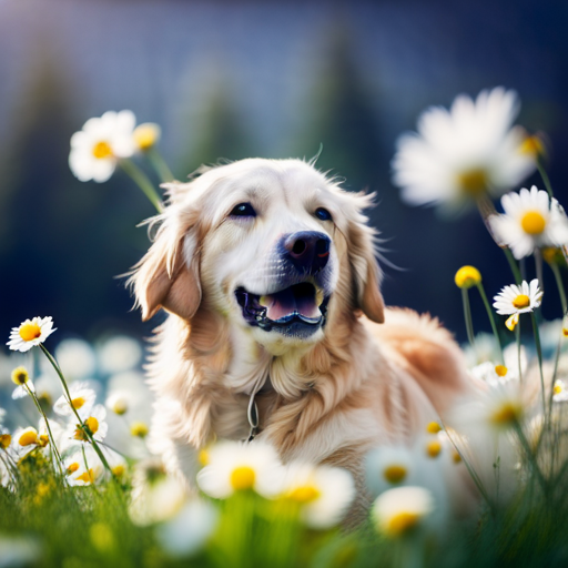An image of a serene golden retriever lying on a plush bed of chamomile flowers, surrounded by a calming aura of soft, diffused sunlight filtering through the leaves, highlighting the tranquil blue hues of the chamomile petals