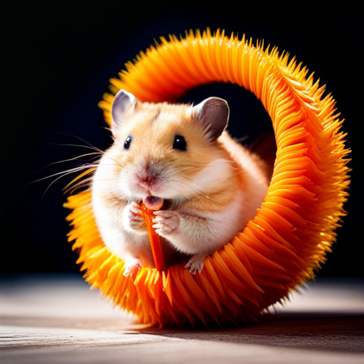 An image showcasing a vibrant, orange hamster joyfully nibbling on a sun-kissed carrot in a cozy, straw-filled hamster wheel, with soft sunlight streaming through a window, casting a warm glow