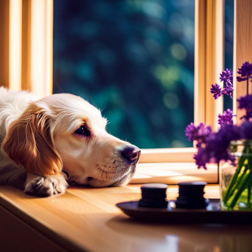 An image depicting a serene and tranquil scene of a dog peacefully resting by a window, surrounded by soft ambient lighting