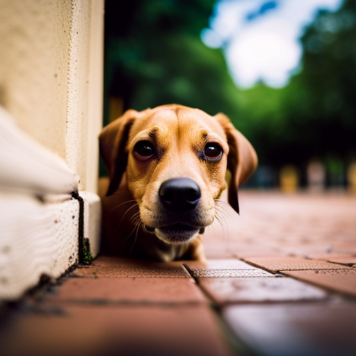 An image depicting a trembling dog cowering in a corner, with wide eyes and flattened ears, as thunder rumbles outside