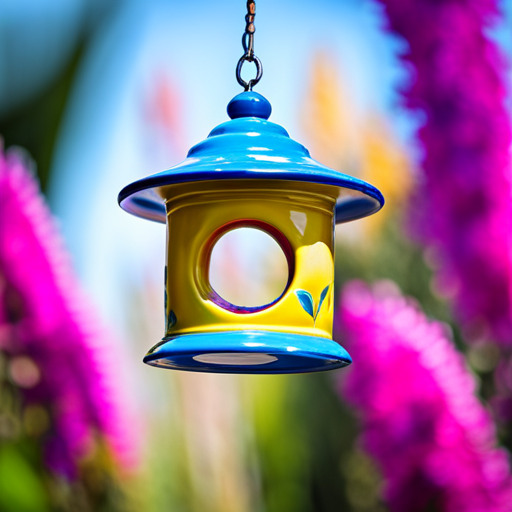 An image featuring a vibrant, weather-resistant ceramic bird feeder adorned with intricate hand-painted designs