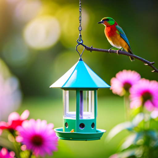 An image showcasing a lush garden bursting with vibrant flowers and plants, with a colorful painted bird feeder hanging from a tree branch, attracting a variety of birds to the scene