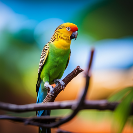 An image showcasing a colorful parakeet perched on a branch, engaging in a puzzle-solving activity, while other bird species observe in awe, emphasizing the parakeet's exceptional problem-solving skills and intelligence