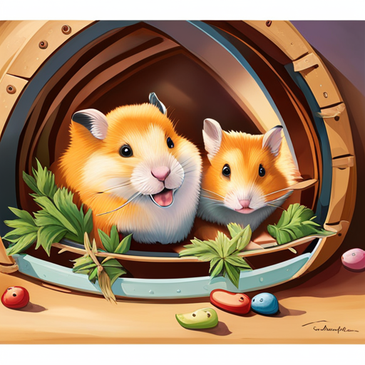 An image capturing the essence of pet hamsters for sale, showcasing a variety of adorable hamsters playfully exploring a colorful hamster wheel, while a gentle sunbeam illuminates their cozy habitat