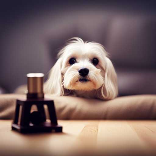 An image depicting a serene dog inside a calm, cozy room diffused with soothing colors