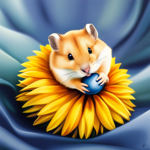 An image capturing the adorable essence of hamsters in action: a plump golden hamster nestled among fluffy bedding, its tiny paws adorably clutching a sunflower seed, while its round eyes sparkle with curiosity and playfulness