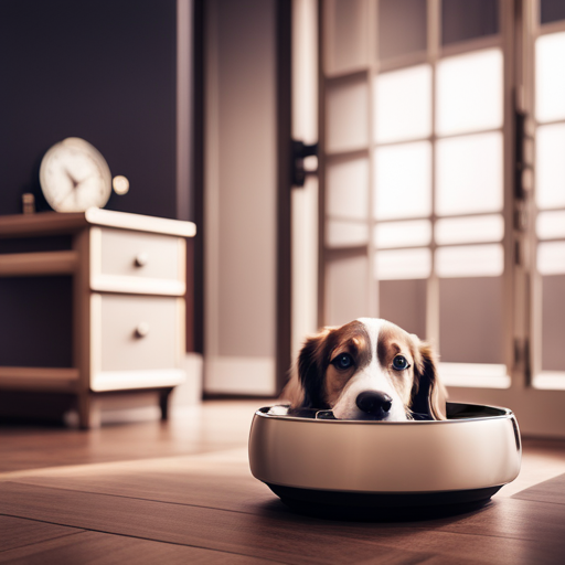 An image showcasing a serene living room scene with a clock on the wall, a cozy dog bed in a designated corner, a filled food bowl, and a leash hanging neatly by the door